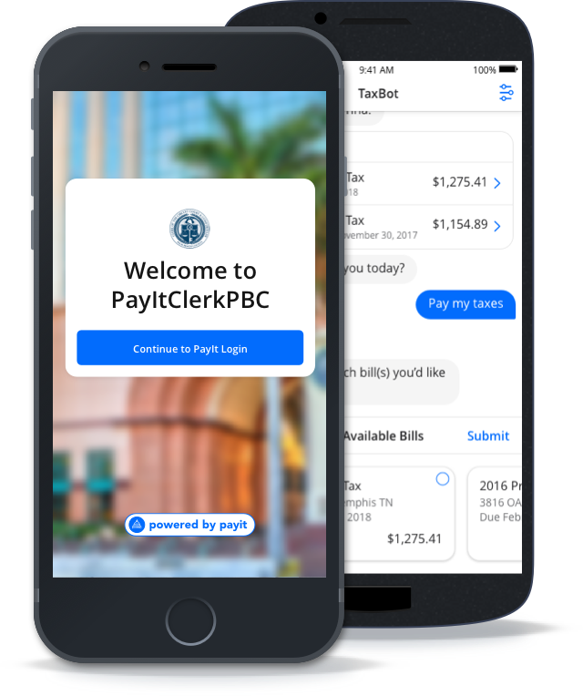 This image shows PayItClerkPBC, PayIt's award-winning government app for the Clerk of the Circuit Court & Comptroller, Palm Beach County, Florida